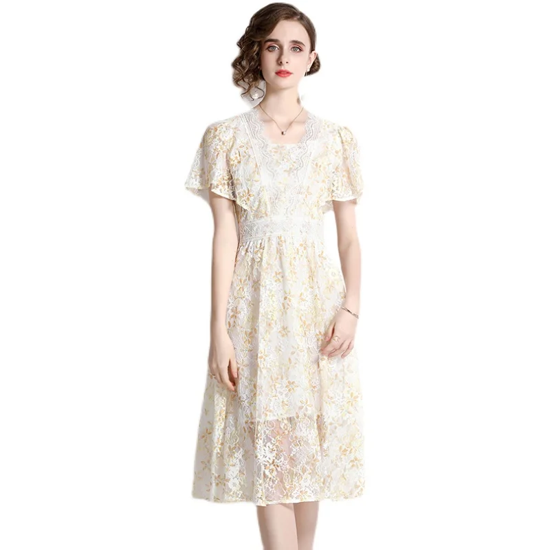 Simgent Women Fashion Dress Summer Lace Sequin Floral Print A Line Elegant Slim Midi Lace Dresses Femme Robe Jurken SG25262