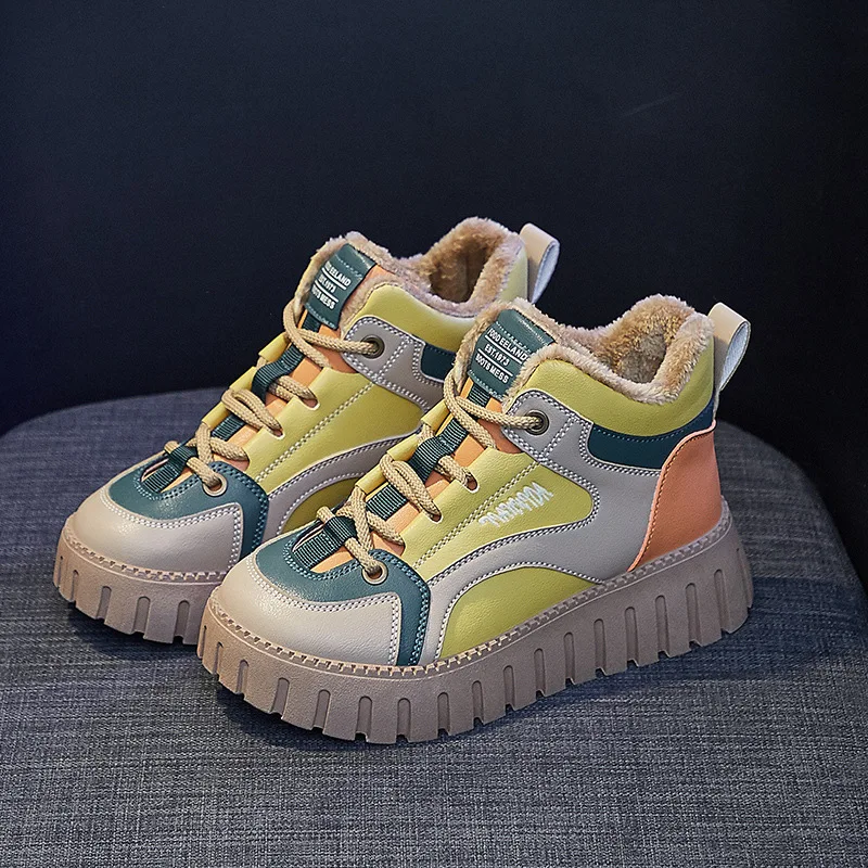 

Женские кроссовки на шнуровке, теплые плюшевые кроссовки из хлопка, высокие кроссовки на платформе, Вулканизированная подошва, Корейская в...