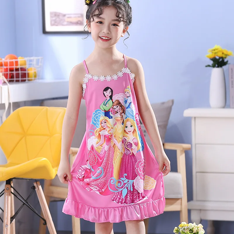 Frozen Anna Elsa Girls Ice Silk Slings Dress Summer Cartoon Children Clothes Princess Dress Kids Sleepwear images - 6