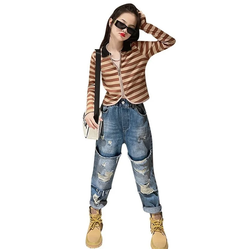 

Kids Girls Clothes Striped Sweatshirt Spring Autumn Fashion Tops Teens Clothing New Zipper Design Long Sleeve Outerwear4- 14 Yrs