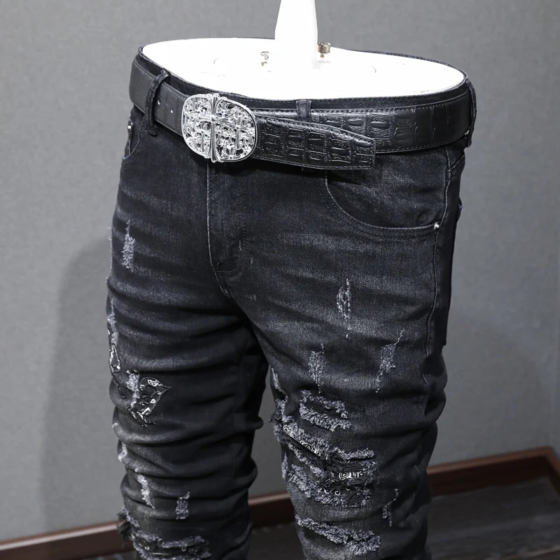 High Street Fashion Men Jeans Retro Black Gray Stretch Skinny Ripped Jeans Men Brand Patches Designer Hip Hop Denim Pants Hombre