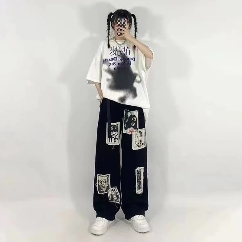 

Graffiti Comic Stickers Hippie Harajuku Straight Wide Leg Streetwear Y2k Pants Woman High Waist Pants Baggy Jeans Trousers Women