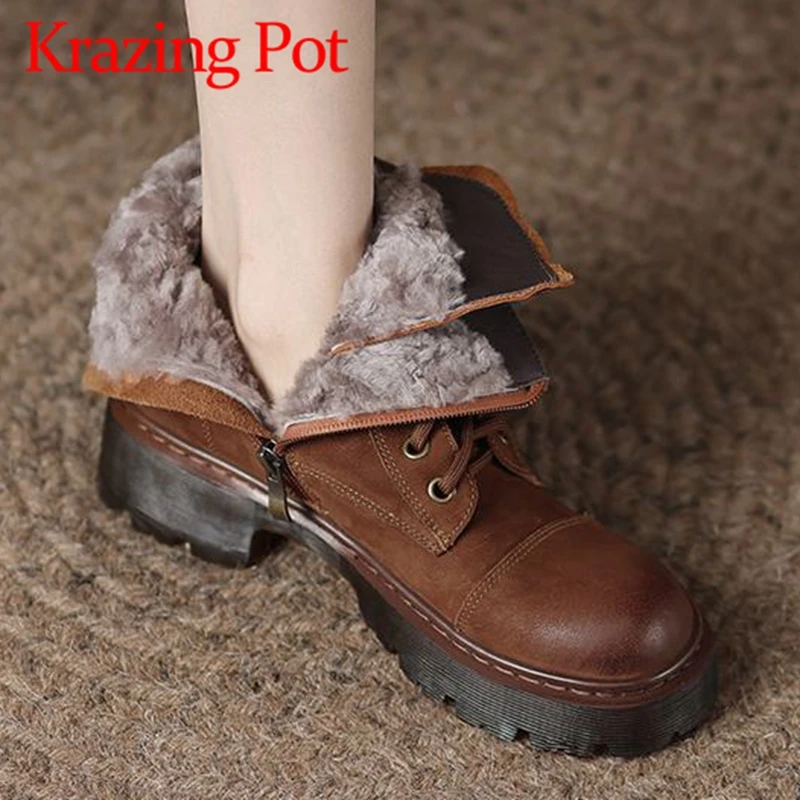 

Krazing Pot Cow Leather Round Toe Med Heels Snow Boots Keep Warm Fur Retro Fashion Cross-tied Belt Buckle Rivets Zip Ankle Boots