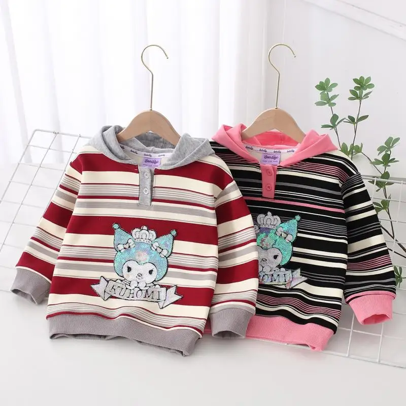 

Зимний Хлопковый пуловер с капюшоном для девочек Sanrio Kuromi милый детский бархатный теплый полосатый свитшот с блестками дизайнерский детский топ