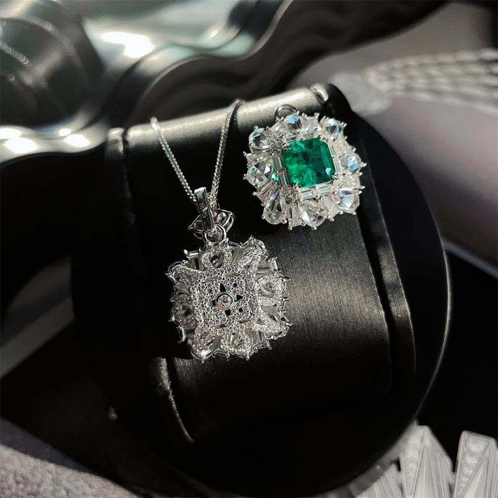 Фото Новое серебряное квадратное ожерелье S925 Pagoda 8*8 Wood Sasa Azul Green, 3 карата, модное ожерелье с бриллиантами, 60 см, свадебные украшения №3
