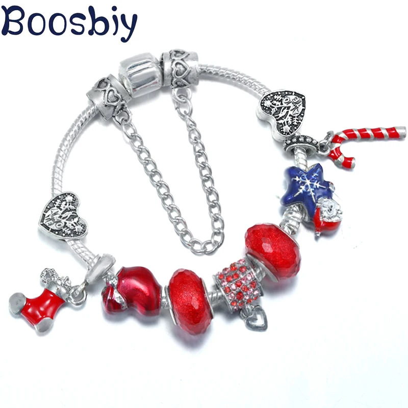 

Santa Claus & Christmas Crutches With Heart Pendent Bead DIY Charm Brand Bracelet Jewelry For Women & Kids Making Xmas Gift