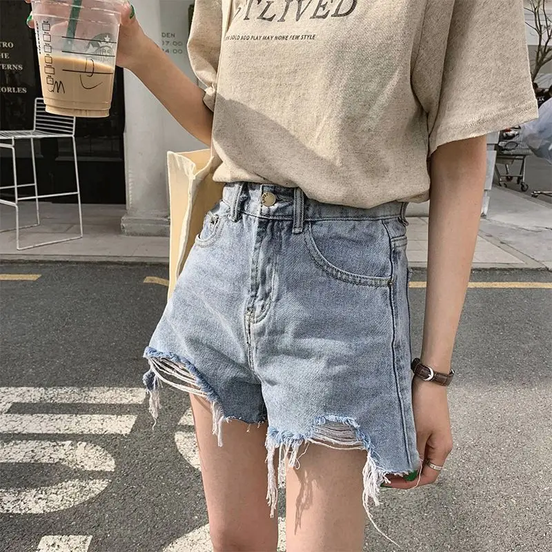 Ripped Broken Denim Shorts Women's  Korean Loose Wide Leg Baggy High Waist Thin Hem Hot Pants High Waisted Jeans Y2k Trousers