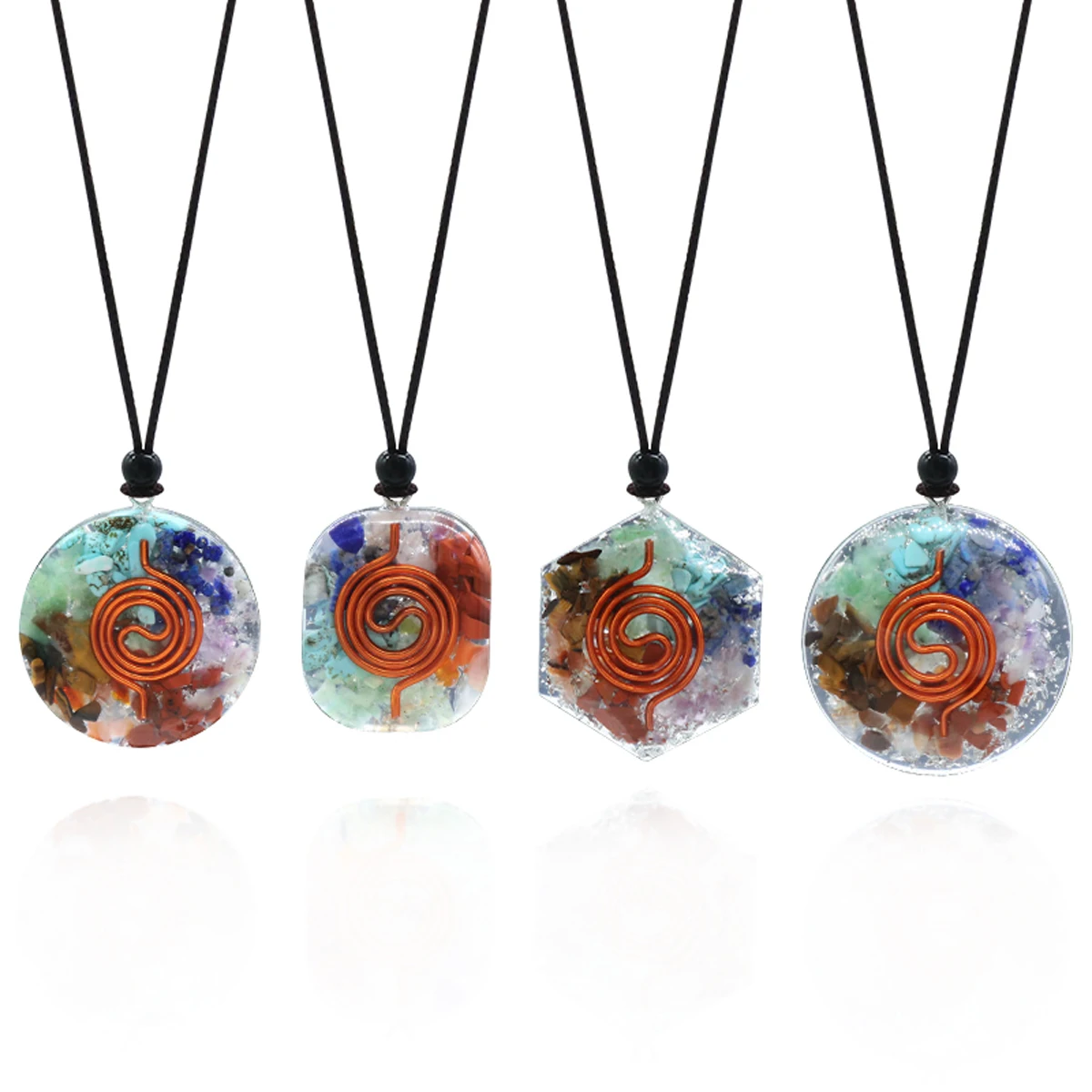 

Natural Crystal Stone Pendant Necklace 7 Chakra Tumbled Chip Stone Reiki Symbol Resin Palm Charms for Meditation Energy Balance
