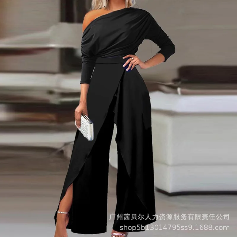 

Ruched Skew Neck Split Hem Wide Leg Jumpsuit Women Solid Color Spring Summer High Waist Loose Overall Pants Jumpsuits