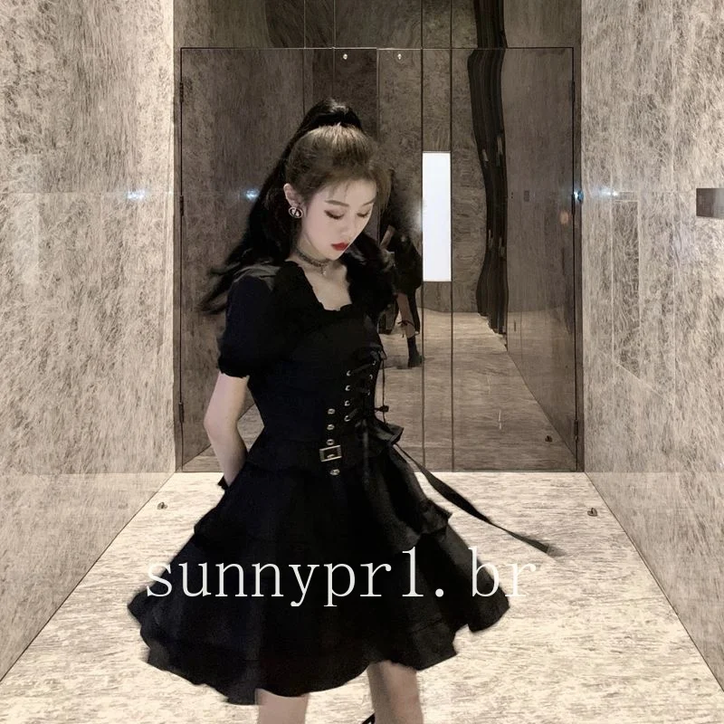 

Summer Women's Dark Lolita Cake Skirt with Straps High Waist Japanese Dress