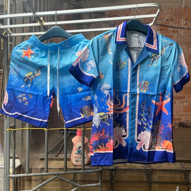 

Real Photos Casablanca Shirts Underwater Diving Starfish Jellyfish Print Short Sleeve Holiday Casa Hawaiian Shirt for Men Women