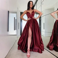 burgundy prom dresses a line spaghetti straps backless sexy prom gowns satin floor length draped thigh slit evening dresses 2022
