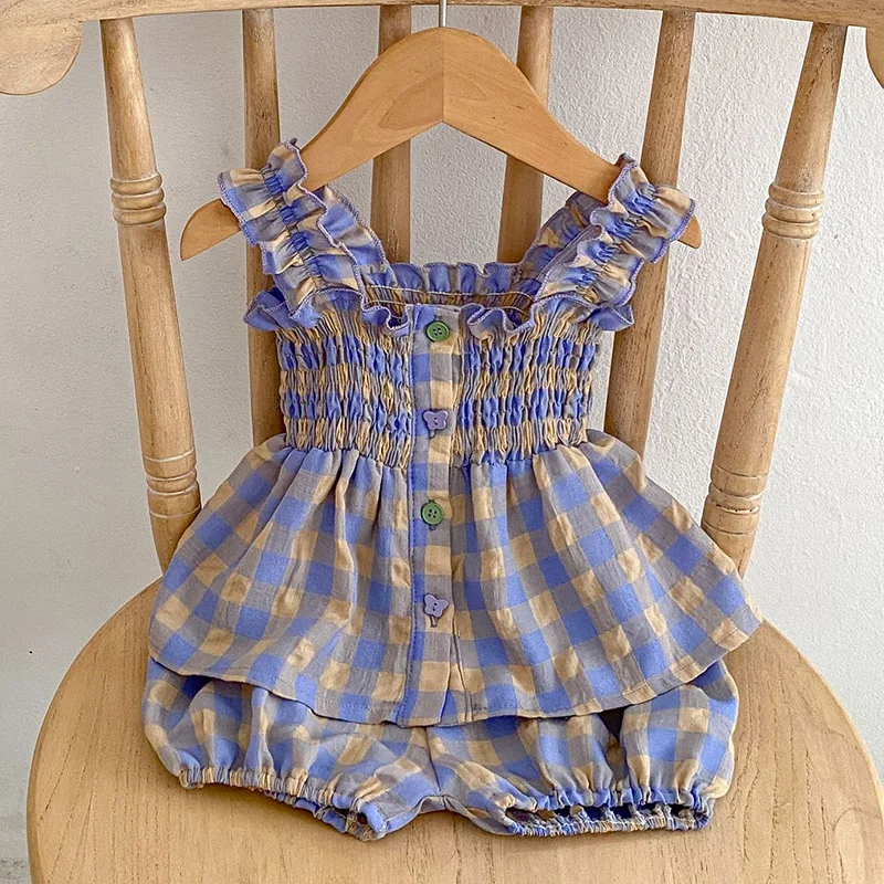 

Летний костюм для маленьких девочек от 0 до 3 лет, хлопковый клетчатый жилет без рукавов + шорты