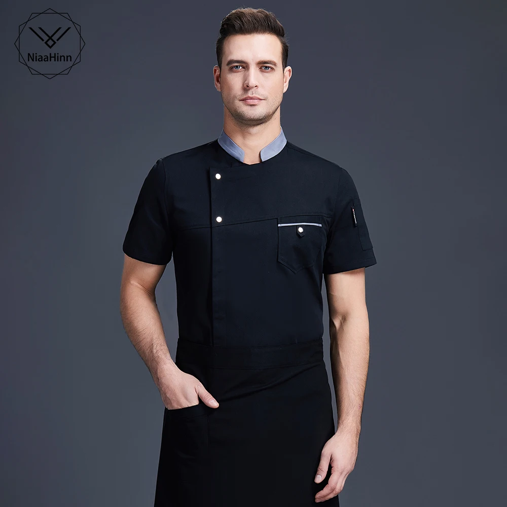 Unisex Solid Short Sleeved Coat Chef Uniform Breathable Kitchen Cooking Jacket Restaurant Hotel Barber Shop Waiter Work Shirt