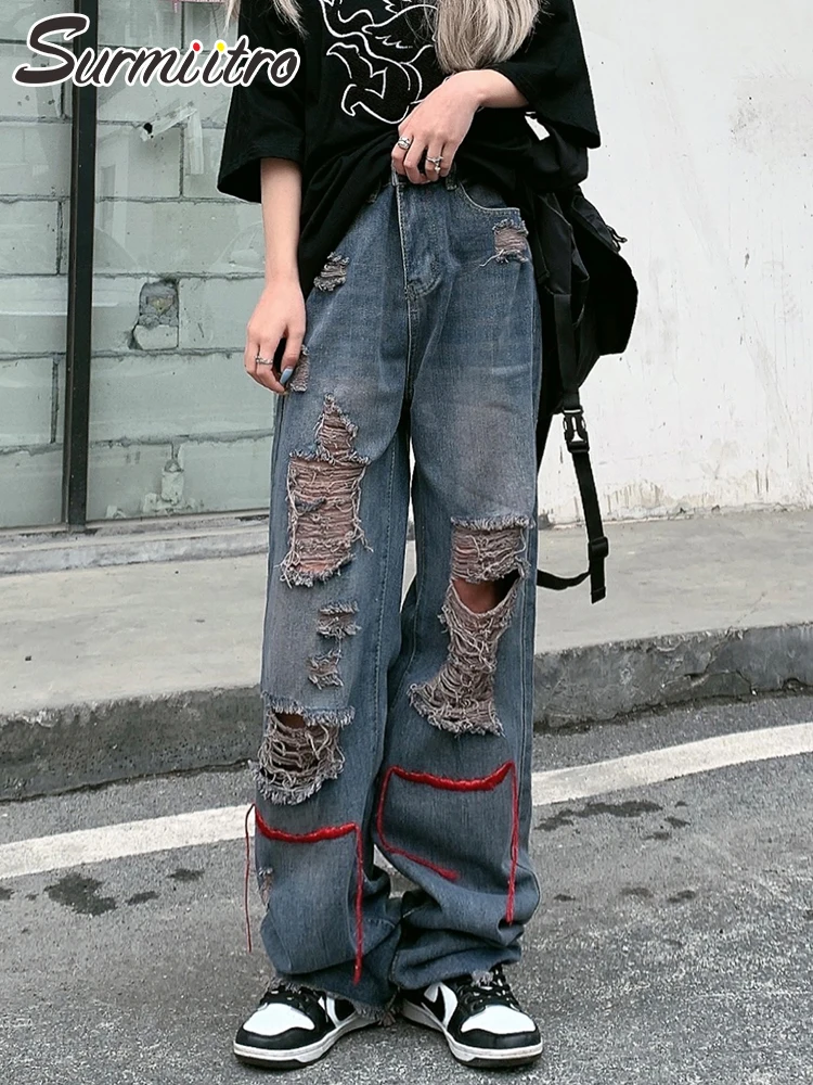 

SURMIITRO/2022 Модные свободные джинсы в стиле хип-хоп с дырочками и широкими штанинами для мальчиков и мам, женские длинные джинсовые штаны с высо...