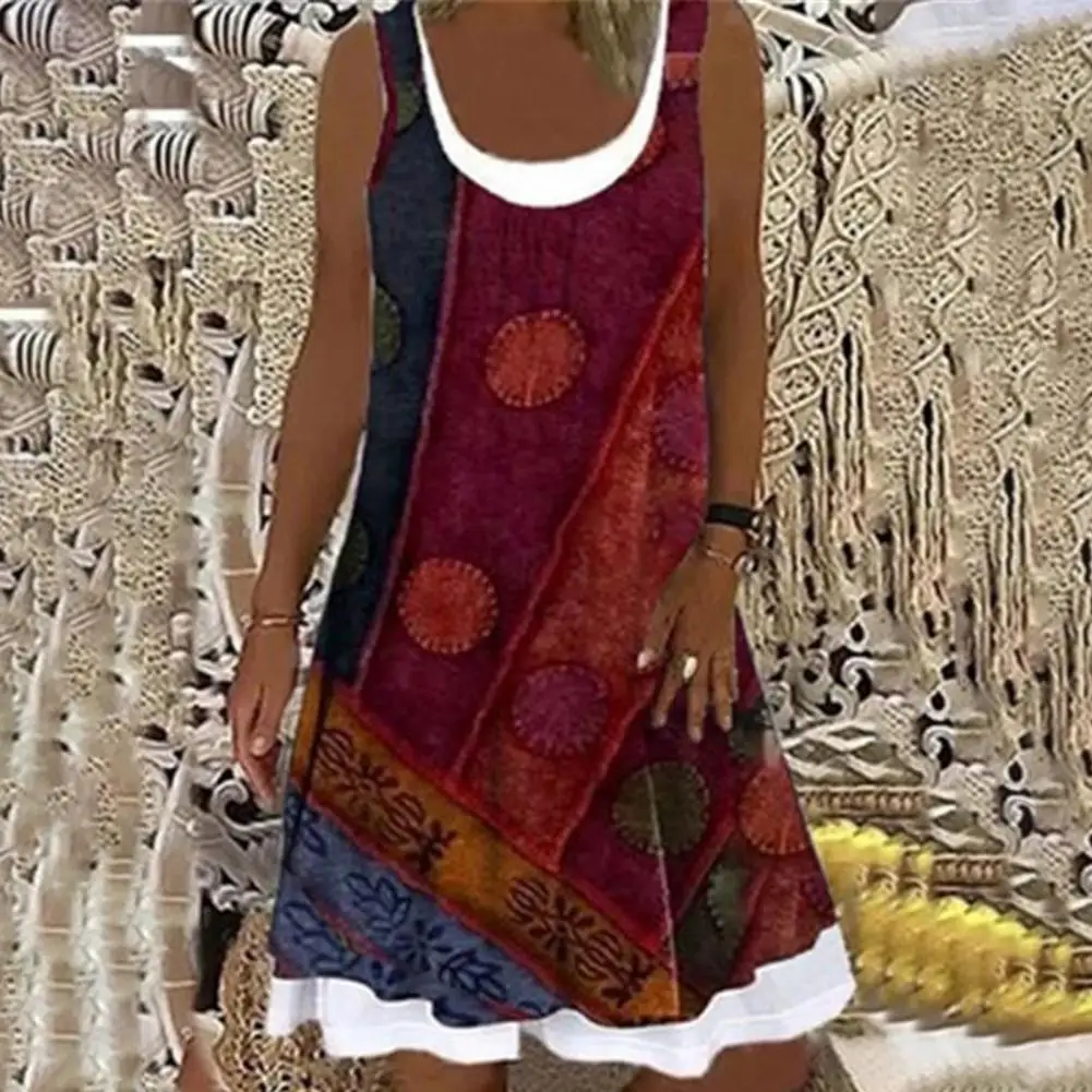 

Women Dress Vintage Print Round Neck Fake Two Piece Loose-fitting Elegant Mini Dress for Daily Wear