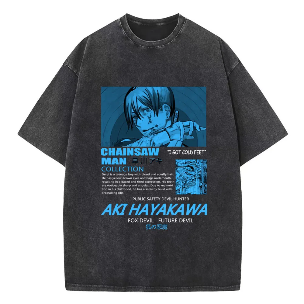

2023 винтажные Промытые футболки с принтом бензопилы, Мужская футболка аниме Аки хаякава, футболка большого размера в стиле Харадзюку, хлопковая модная уличная одежда, топ унисекс