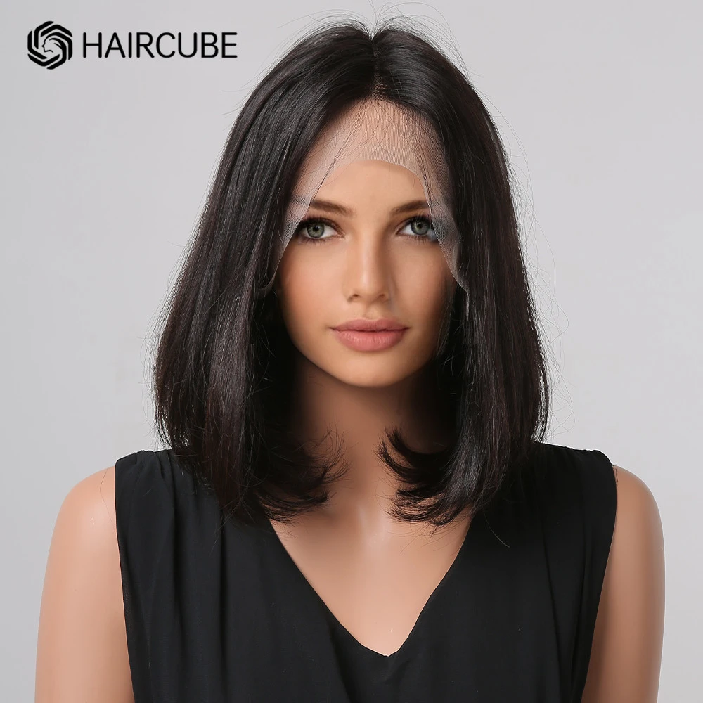 HAIRCUBE-Peluca de cabello humano liso de 13x1 para mujer, postizo de encaje Frontal, corte Bob, pelo Remy Natural
