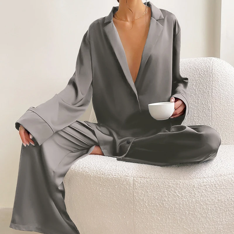 

Женская домашняя одежда, атласная шелковая одежда для сна, пикантная Пижама с низким вырезом для женщин, однобортные брюки с длинным рукавом и широкими штанинами, комплект брюк