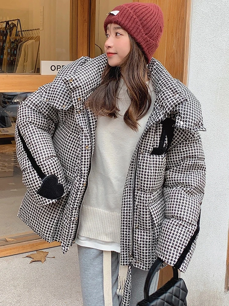 2022 New Winter Women's Down Jacket Oversized Hooded Plaid Puffer Coat 90% White Duck Down Parkas Thick Warm Loose Snow Outwear