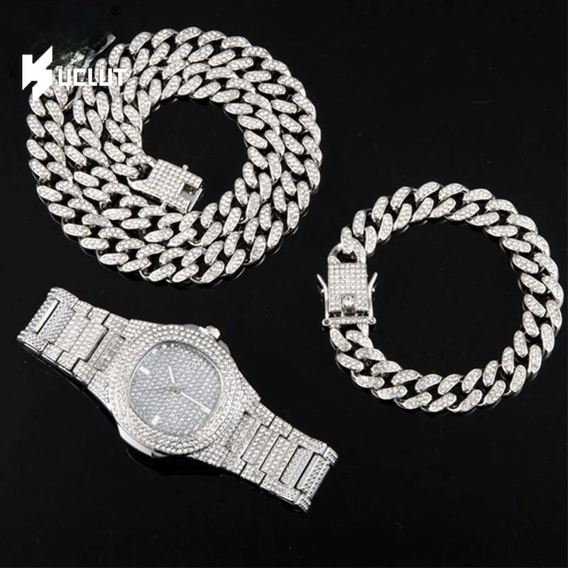 

Charm Jewelry SetNecklace +Watch+Bracelet Hip Hop Miami Curb Cuban Chain Silver Color Full Iced Out Paved Rhinestones Bling