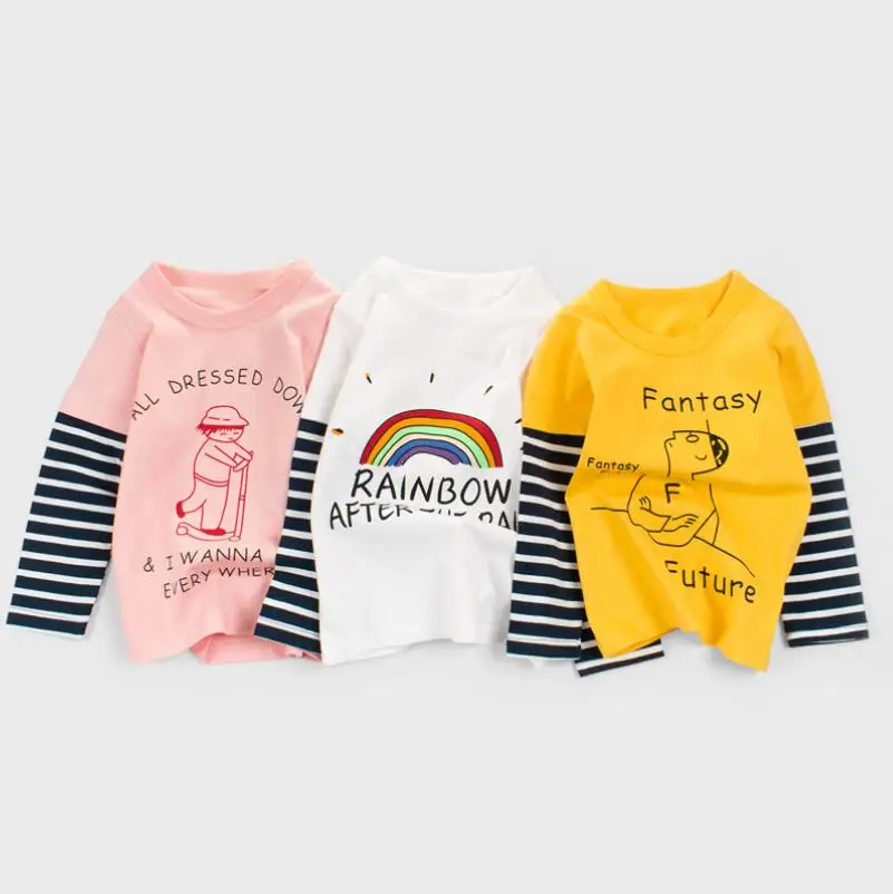 

Детские футболки с длинным рукавом 4 цветов на весну и осень для девочек и мальчиков хлопковые рубашки Детская футболка с милым мультяшным п...
