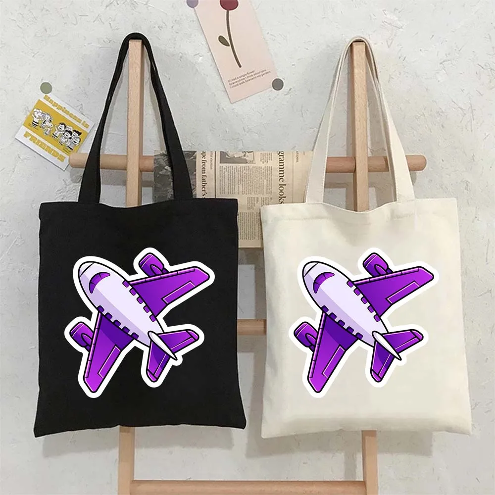 

Tote Bags for Women Purple Plane Cute Cartoon Art Printed Large Canvas Shoulder Reusable Shoppers Handbags