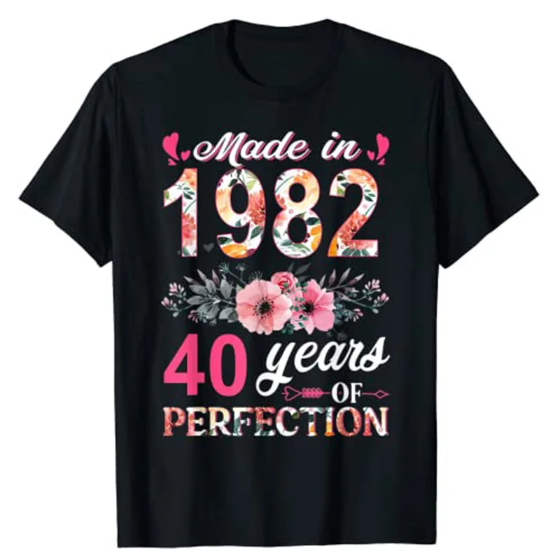 Camiseta hecha en 1982 Floral para mujer, 40 años, regalos de cumpleaños, ropa divertida de moda para mujer, regalo para mamá, camisetas gráficas