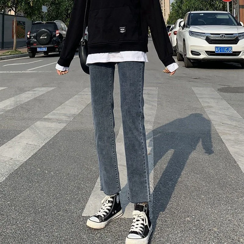 Straight jeans denim women's new loose high waist thin elastic cigarette pipe small all-match nine-point pants