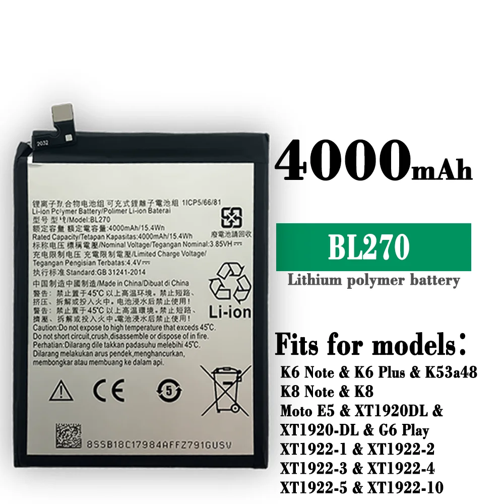 100% Original For Lenovo K6 K8 Note K53a48 Vibe K6 G G5 Plus 4000mAh BL270 Battery For Motorola Moto G6 Play XT1922 Bateria