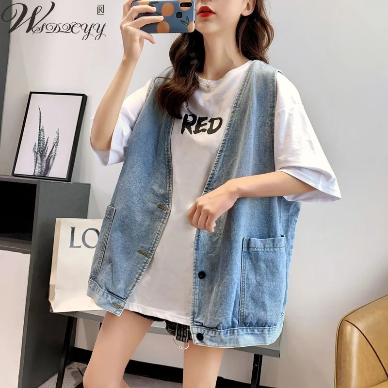 

Jeans Vest Women Korean Style Sleeveless Denim Waistcoat Loose Blue Pocket Vinatge Cardigans Vest Top Thic Button Loose Outwear