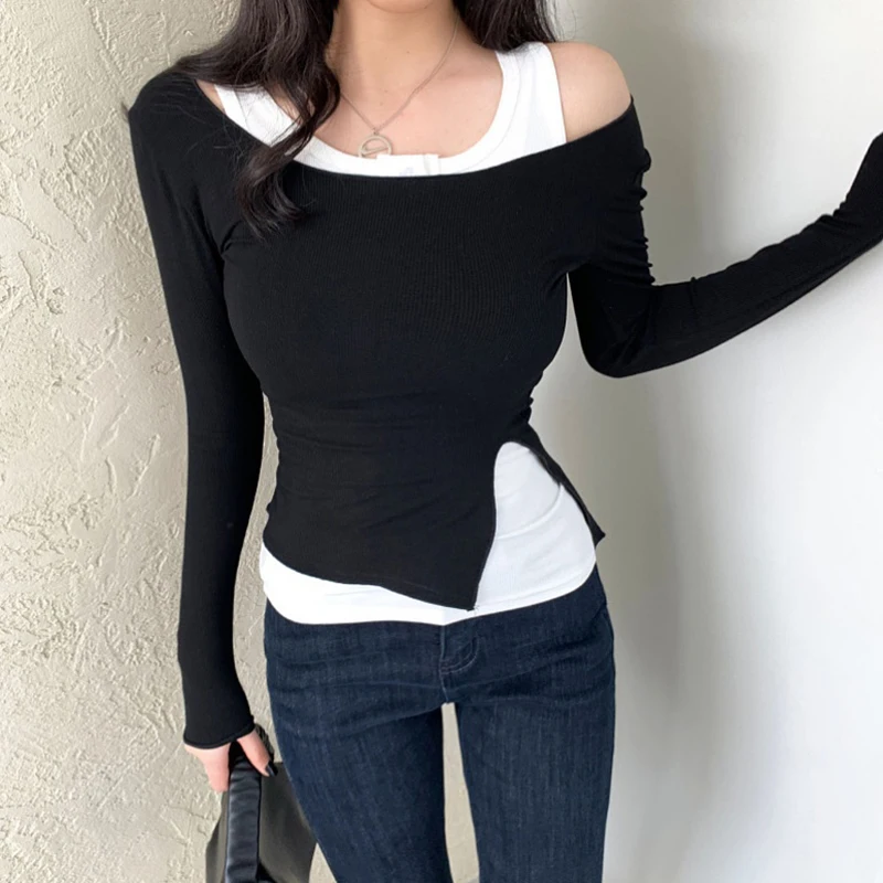 

2022 Two Pice Long Sleeve Tops Autumn Korean Fashion O-neck Solid T-shirts Female Casual Slim Soft Cotton Basic Tee Shirt Femme