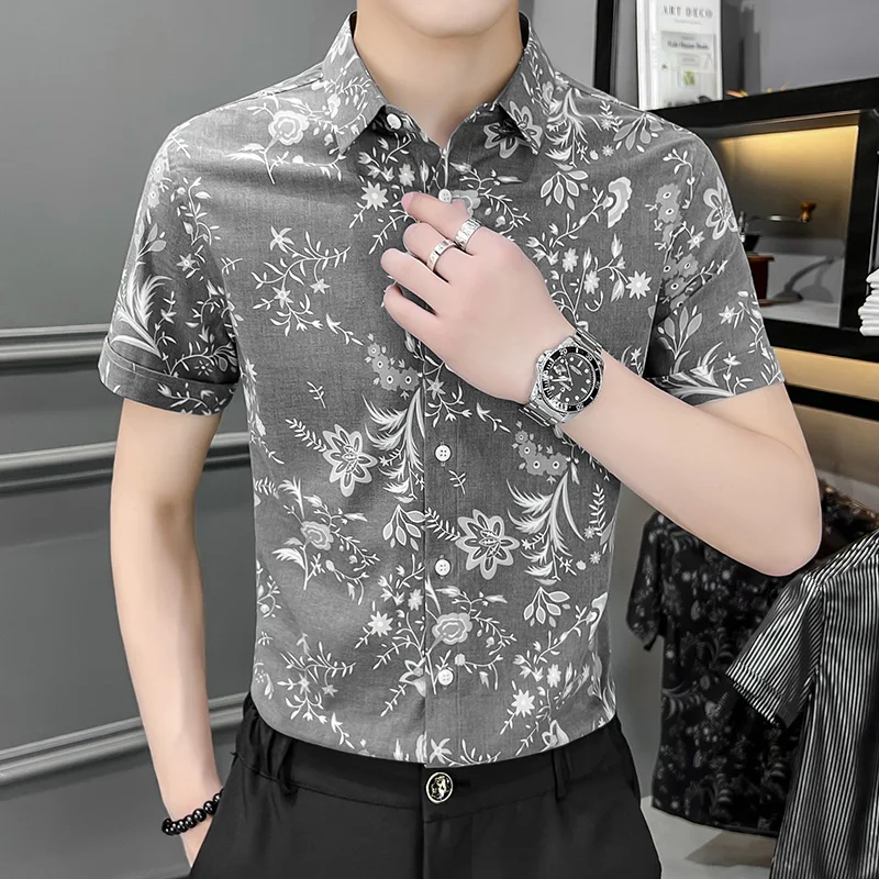 Flower Printed Shirts for Men 2022 Summer Short Sleeve Slim Casual Business Formal Dress Shirts Social Office Tops Men Clothing