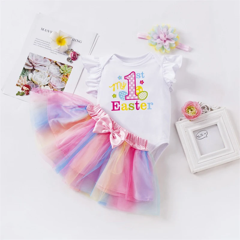 

Blotona Baby Girls 3Pcs Easter Outfits, Fly Sleeve Letter Print Romper + Tutu Skirt + Flower Headband Set 3-24Months