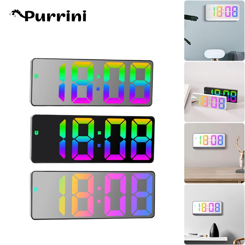 

LED Colorful Screen Electronic Clock Modern Minimalist Digital Hanging Alarm Display Temperature Date Time Battery Powered Desk