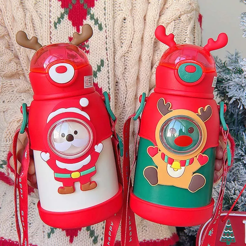 

500ML Cute Christmas Kids Straw Thermos Bottle Stainless Steel Portable Kindergarten Girls Drinking Water Cup For Christmas Gift