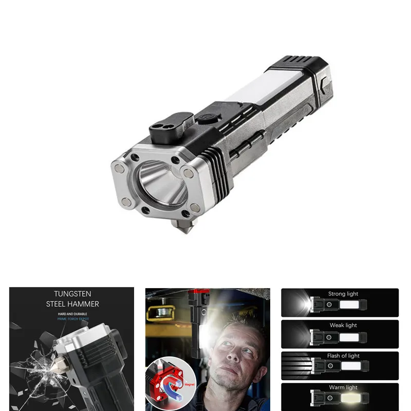 

LED Flashlight USB Rechargeable Torch Light with Hammer Knife Power Bank COB LED Work Light for Outdoor Camping Emergency Safety