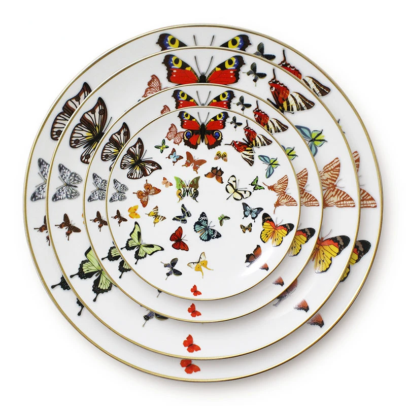 

Christmas Gifts Ceramic Tray Gold Rim Plate Flat Dish Cake Plate Dinner Tray Tableware Butterfly Creative White Bone China Plate