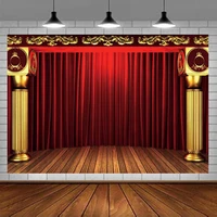 Stage Photography Backdrop Red Drapes Curtains Panels Golden Pillar Wood Floor Background Kids Openning Ceremony Drama Music