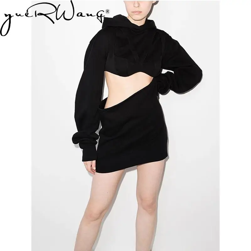 

Getspring Women Dress Fashion Long Sleeve Hooded Hollow Out Asymmetric Sexy Black Mini Hoodie Dress New 2022 Spring Summer