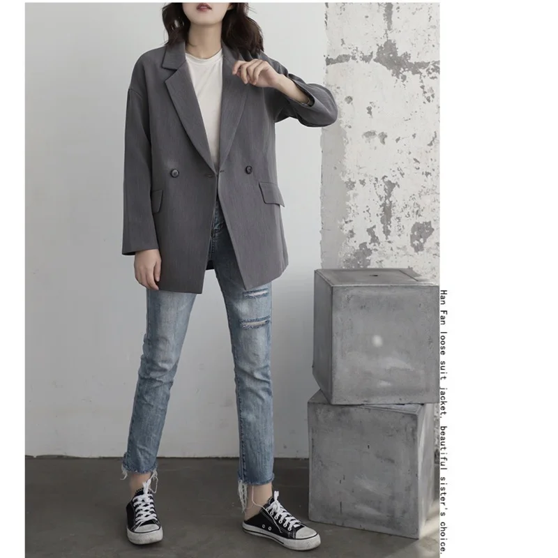 Elegant Lapel Single Button Black Blazer Spring Autumn Gray Vintage Jacket Coat Ladies Workwear Female Formal Clothes 2021 Women
