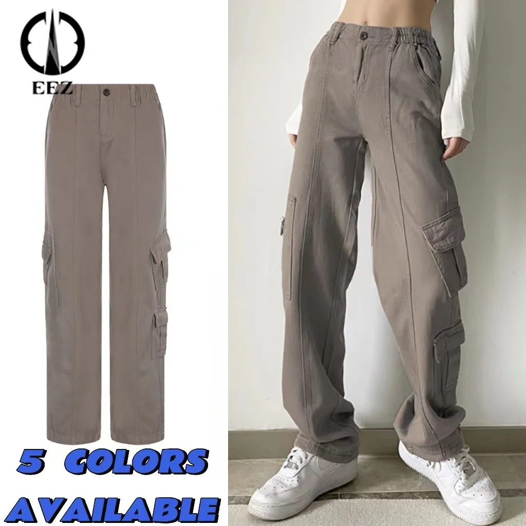 

Vintage Joggers Baggy Jeans Solid Color Casual Woman High Waist Wide Leg Cargo Pocket Pants Vintage Preppy Style Denim Outfits