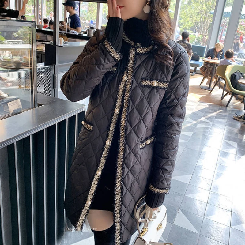 2023 Winter Wadded Coat Women Elegant O Neck Button Lightweight Long Warm Outerwear Tassels Patchwork Female Black Padded Jacket