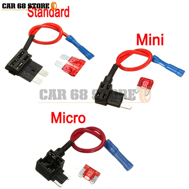 

12V Car Blade Fuse Holder Add-a-circuit TAP Adapter Micro Mini Standard ATM APM Blade Automotive fuses with 10A AMP Fuse wire