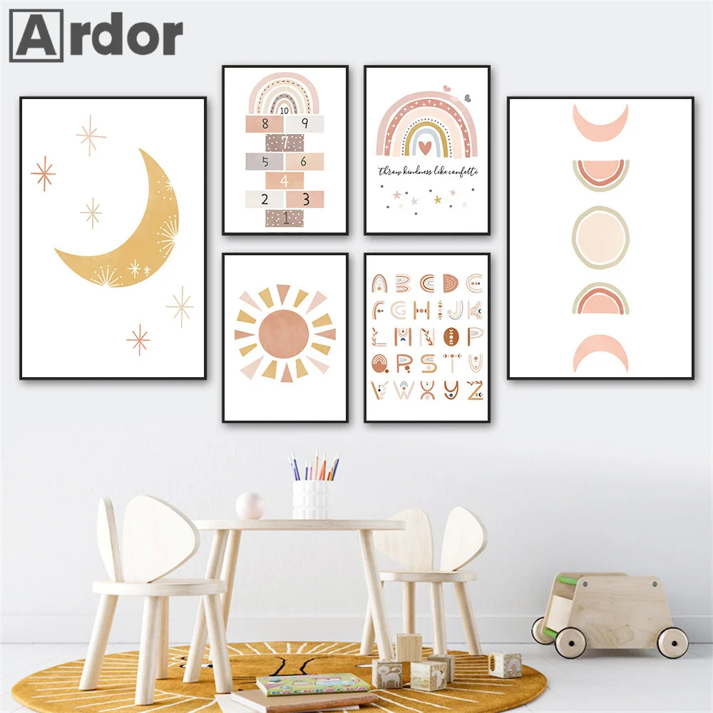 Кактус ABC Алфавит цифры Радуга облако настенная Картина на холсте скандинавские