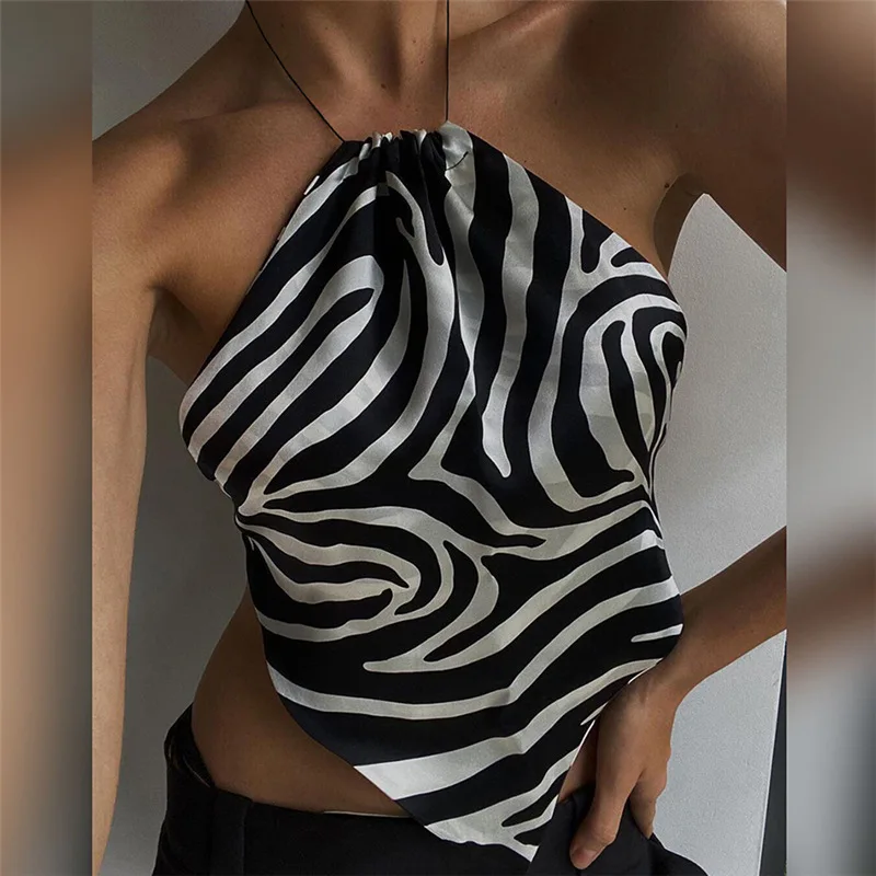 

Sexy Zebra Stripe Print Crop Top Casual Cute Halter Slash Neck Backless Club Party Tanks Camisole Summer Clothes for Women 2021
