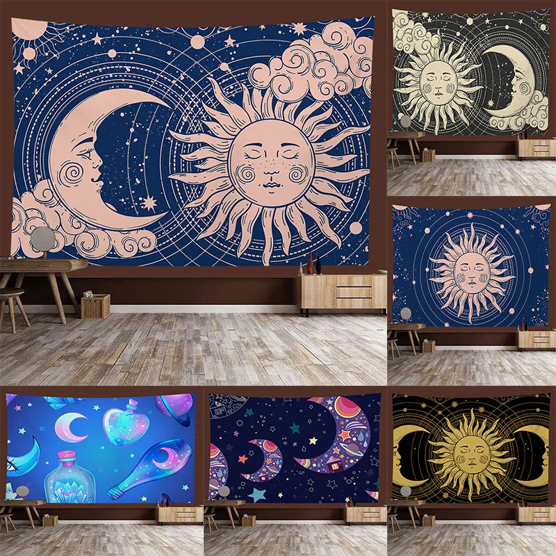 

Белый черный гобелен с рисунком солнца, Луны, мандалы, настенный гобелен в стиле хиппи, настенные ковры, декор для спальни, психоделический гобелен