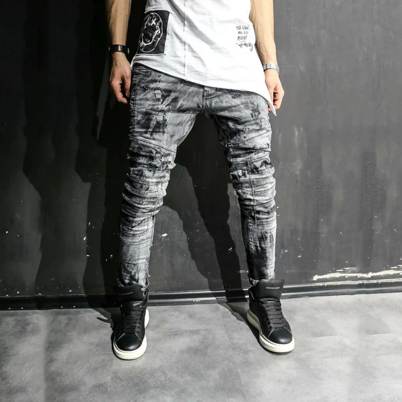 

Streetwear Men's Frayed Patch Jeans Stretch Cotton Cowboy Trousers Autumn Male Casual Fasjion Splatter Printed Skinny Jean Pants