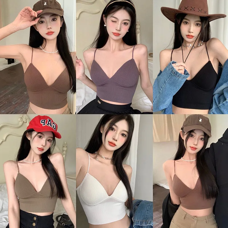 

Women Seamless Crop Top Underwear Wire-Free V-Shaped Camisole Thin Straps Striped Solid Bralette Lingerie One-Piece Tube Tops