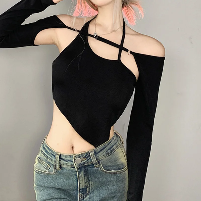 

Zabrina женский топ Спайс Девушка Холтер из двух частей пуловер с воротником однотонная блузка Топы женские 2022 Летняя одежда женская новая чер...